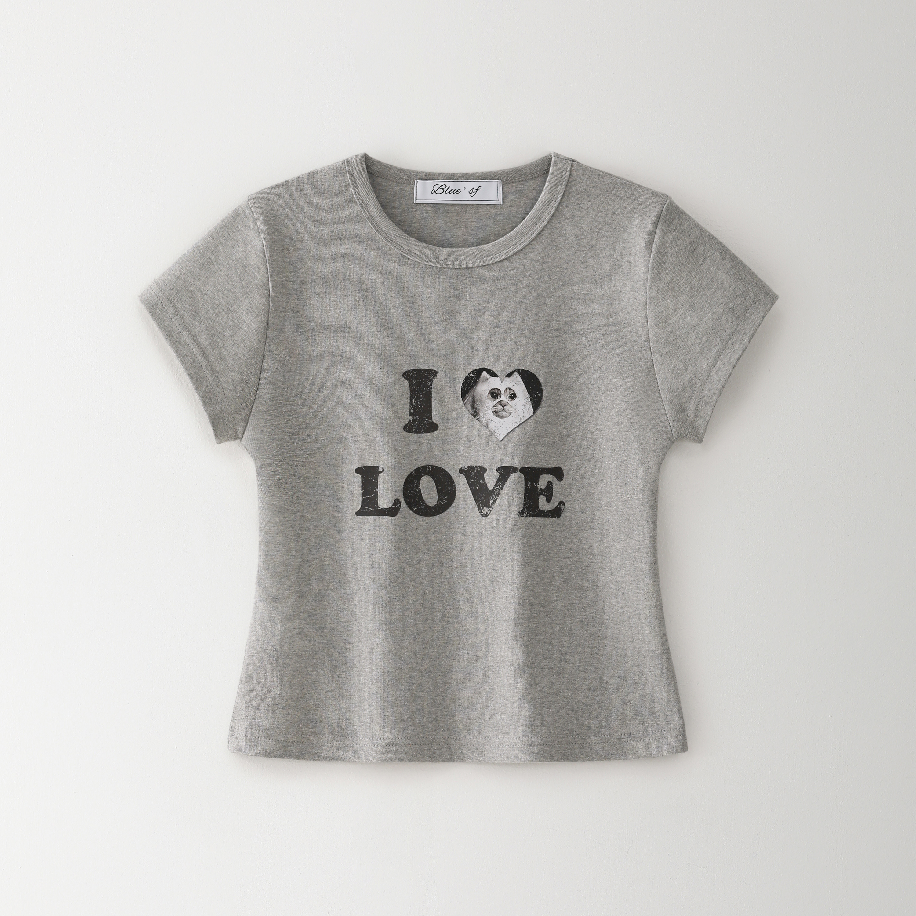 Bluesf 'I Love Cat' crop tee [Melange Grey] | ファッション通販