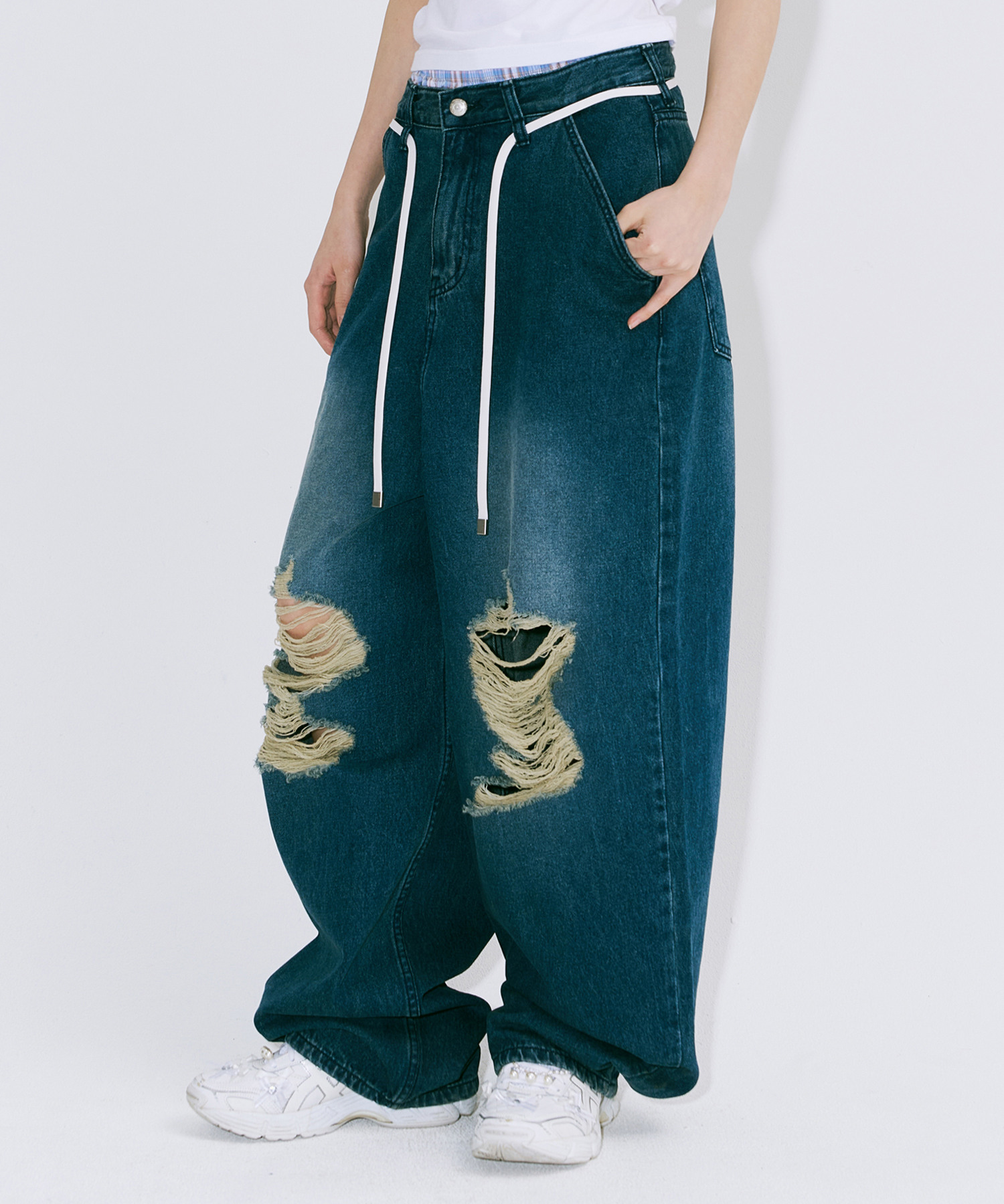 【韓国NIIER NOR ニアノア】BACK-CROSS WIDE DENIM PANTS_INDIGO 한섬 EQL