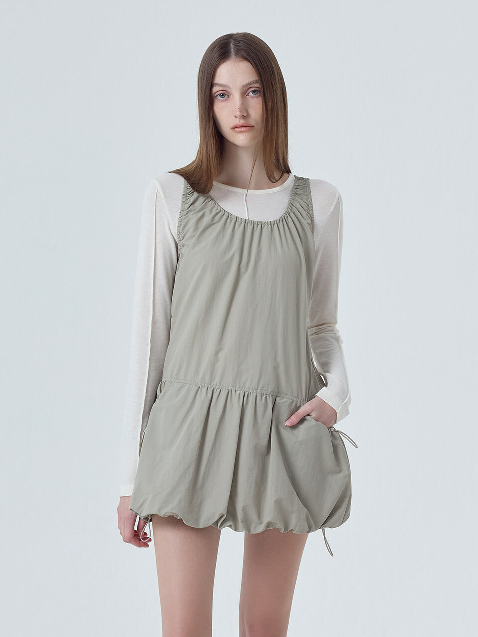 ワンピース ETMON Balloon Shirring Mini Dress, Light Khaki Shop the Bon Bon Tiered Chiffon Mini Dress Yellow