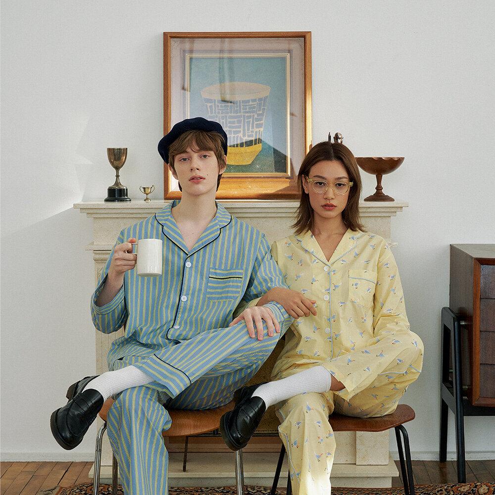 ◆SNAPPY CUDDLE◆ Popular Purple Pajama Set Chilling Stripe Pajama Set (Blue) - 스내피커들